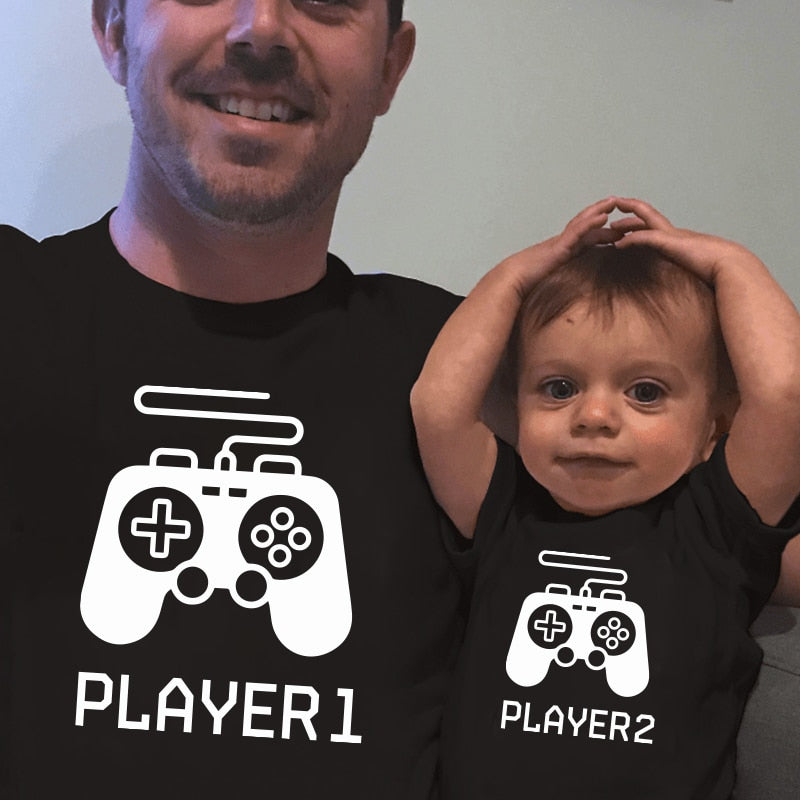 Player 1 Player 2 Family Matching T Shirt Father Son Look Daughter Dad T Shirt Tops Short Sleeve T-Shirt For Daddy Baby Clothes