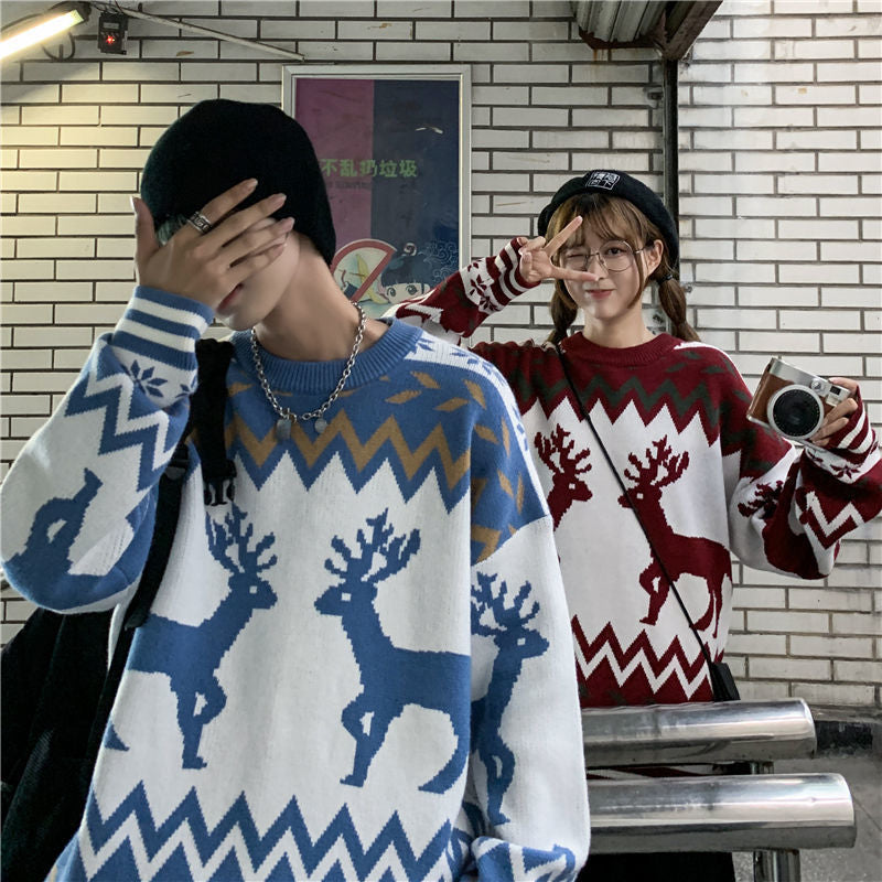 Christmas Sweater Couple Outfit O-Neck Pullover Loose Winter Clothes Women Retro Oversized Sweater Warm Long Sleeve Top