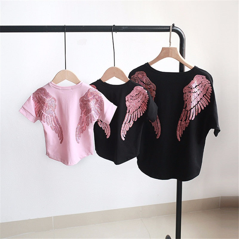 Short-sleeve Mom Woman Baby Girls Angel Wings Embroidered Sequin Embroidery T-shirt for Family Mother Daughter Matching Clothes