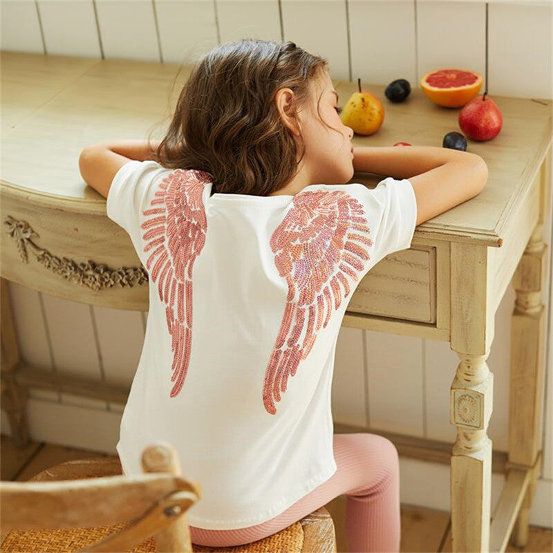 Short-sleeve Mom Woman Baby Girls Angel Wings Embroidered Sequin Embroidery T-shirt for Family Mother Daughter Matching Clothes