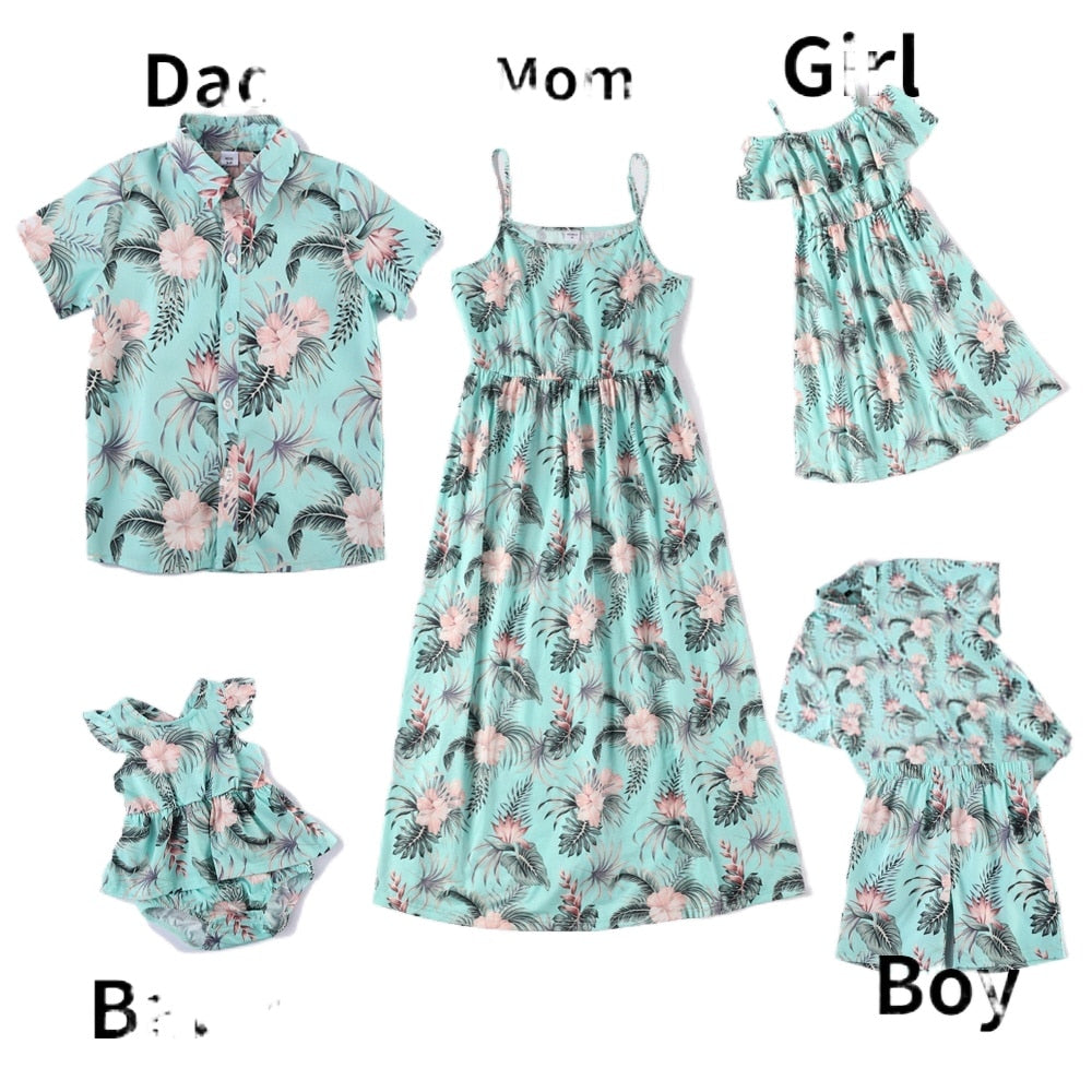 Summer Family Matching Outfits Mother Daughter Dresses Family Look Dad And Son T-shirt &Shorts Holiday Matching Couple Clothes
