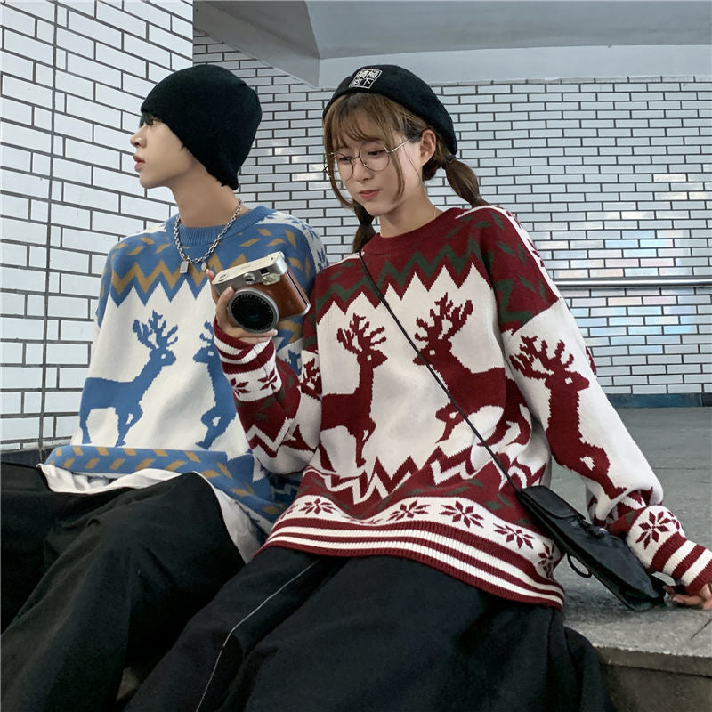 Christmas Sweater Couple Outfit O-Neck Pullover Loose Winter Clothes Women Retro Oversized Sweater Warm Long Sleeve Top