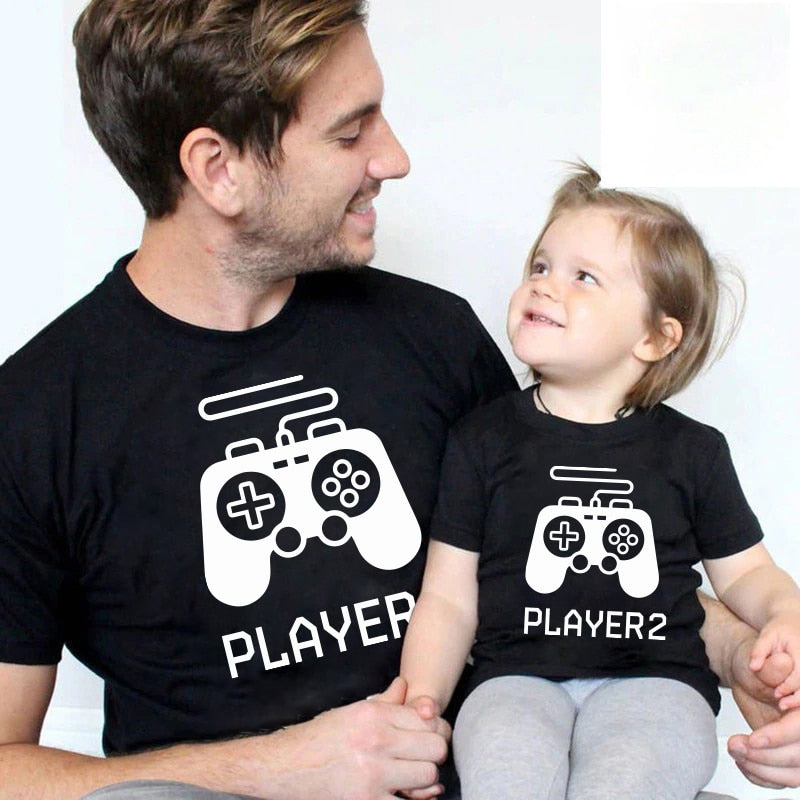 Player 1 Player 2 Family Matching T Shirt Father Son Look Daughter Dad T Shirt Tops Short Sleeve T-Shirt For Daddy Baby Clothes