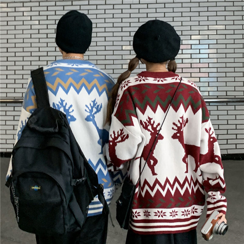 Christmas Sweater Couple Outfit O-Neck Pullover Loose Winter Clothes Women Retro Oversized Sweater Warm Long Sleeve Top