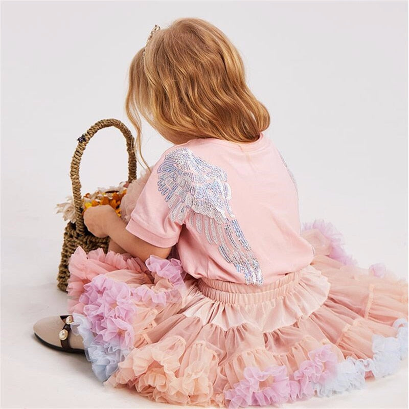 Short-sleeve Mom Woman Baby Girls Angel Wings Embroidered Sequin Embroidery T-shirt for Family Mother Daughter Matching Clothes