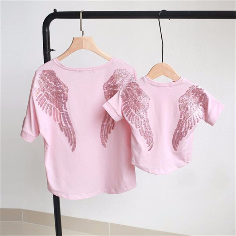 Short-sleeve Mom Woman Baby Girls Angel Wings Embroidered Sequin Embroidery T-shirt for Family Mother Daughter Matching Clothes