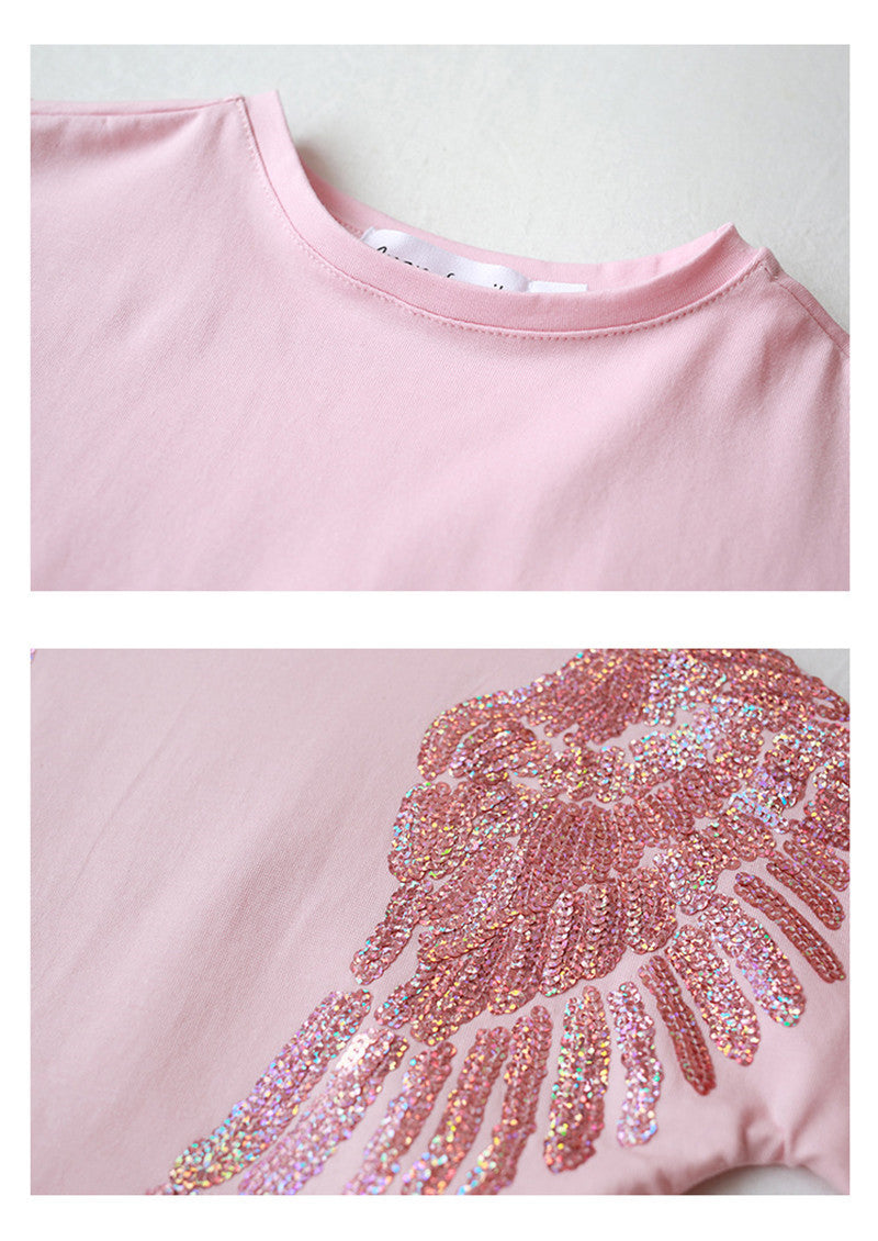 Short-sleeve Mom Woman Baby Girls Angel Wings Embroidered Sequin Embroidery T-shirt for Family Mother Daughter Matching Clothes