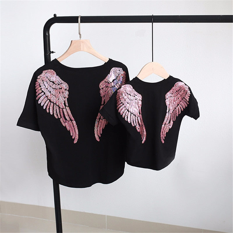 Short-sleeve Mom Woman Baby Girls Angel Wings Embroidered Sequin Embroidery T-shirt for Family Mother Daughter Matching Clothes