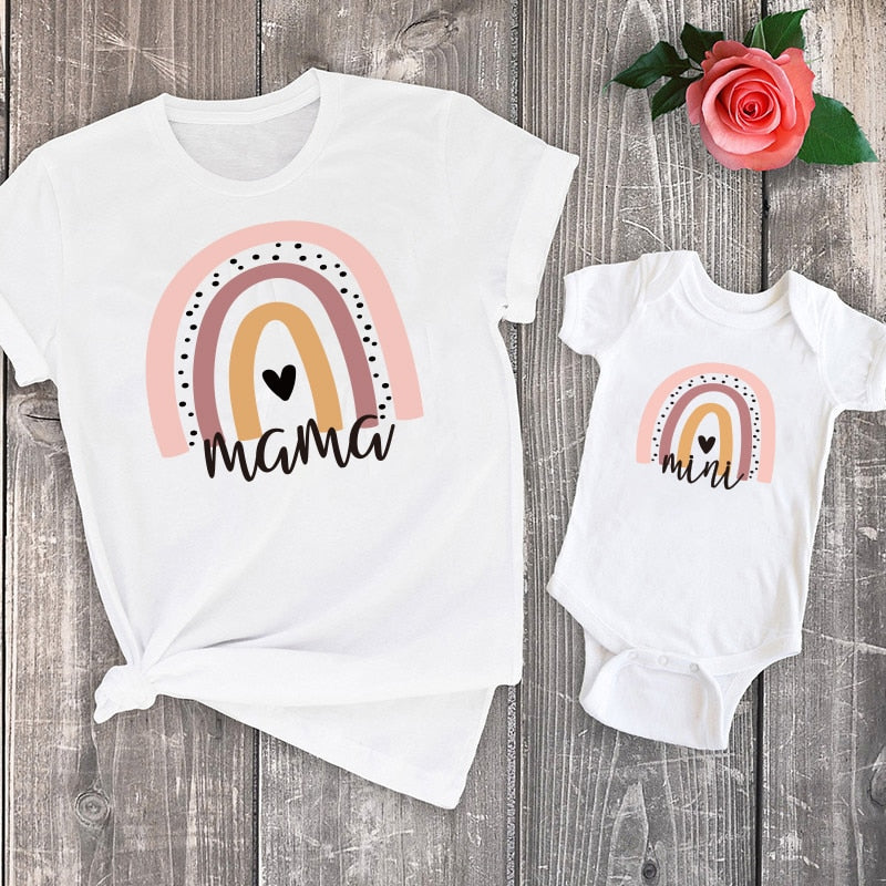 Fashion Baby Mommy Family Matching Cotton Clothing Summer Rainbow Mama and Mini T-Shirt Cute Family Look Outfits Top