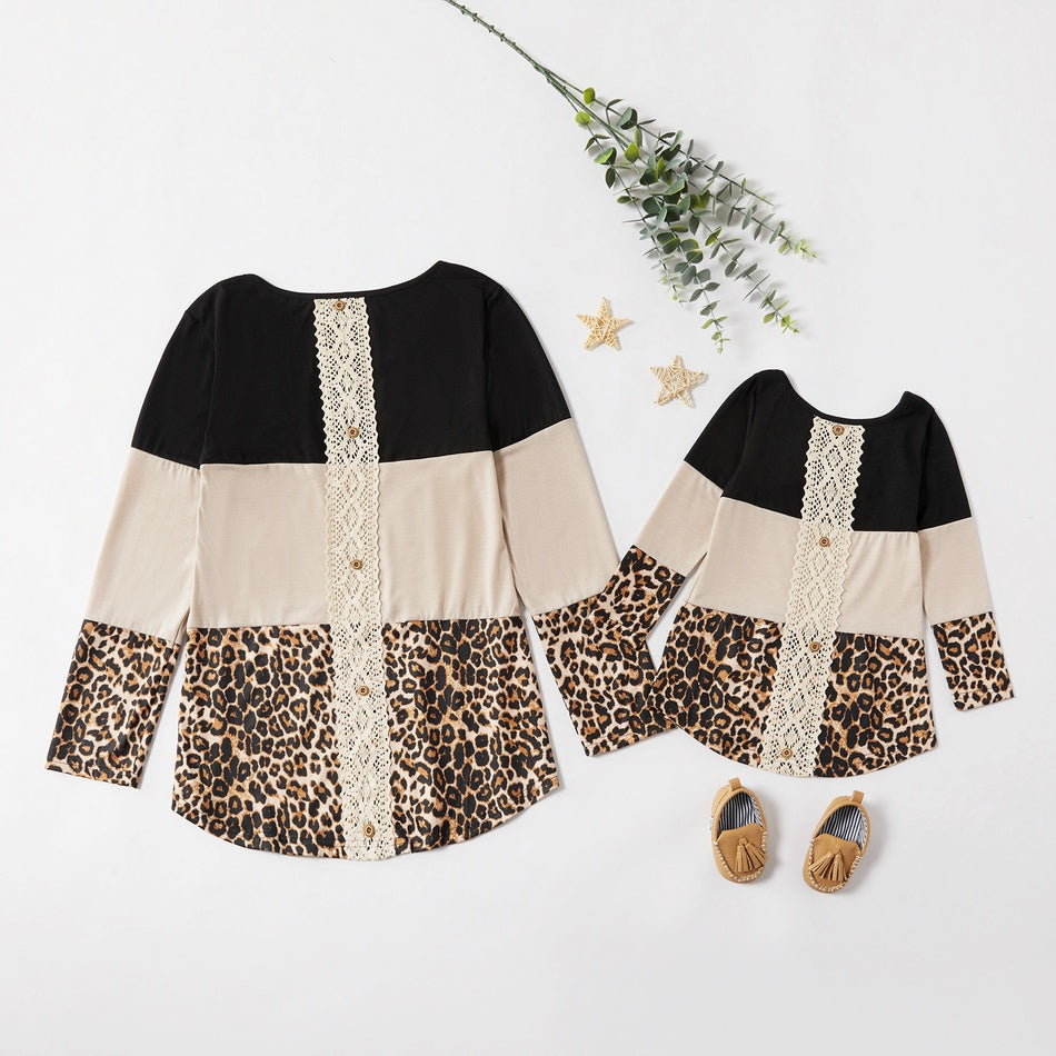 Stylish Leopard Color Matching Long Sleeve Shirts for Mom and daughter Family Look Tops