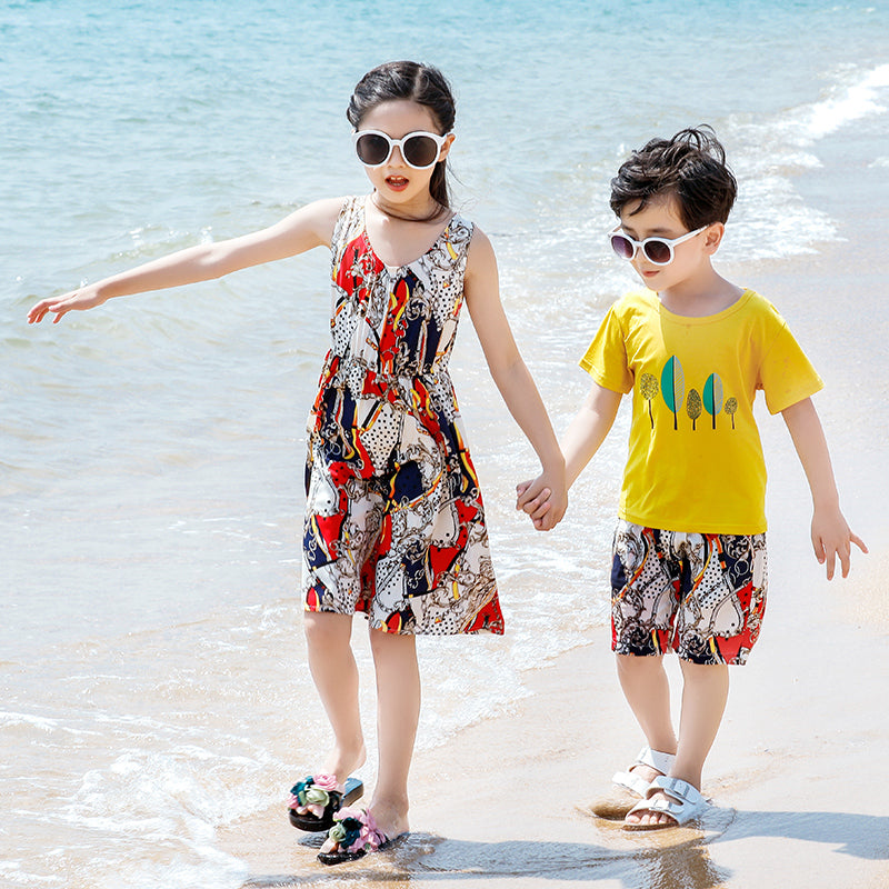 Bohemian Print Dress for Mum and Daughter Summer Family Matching Outfit Dad Son Top and Shorts Suit Lover Couple Clothes New