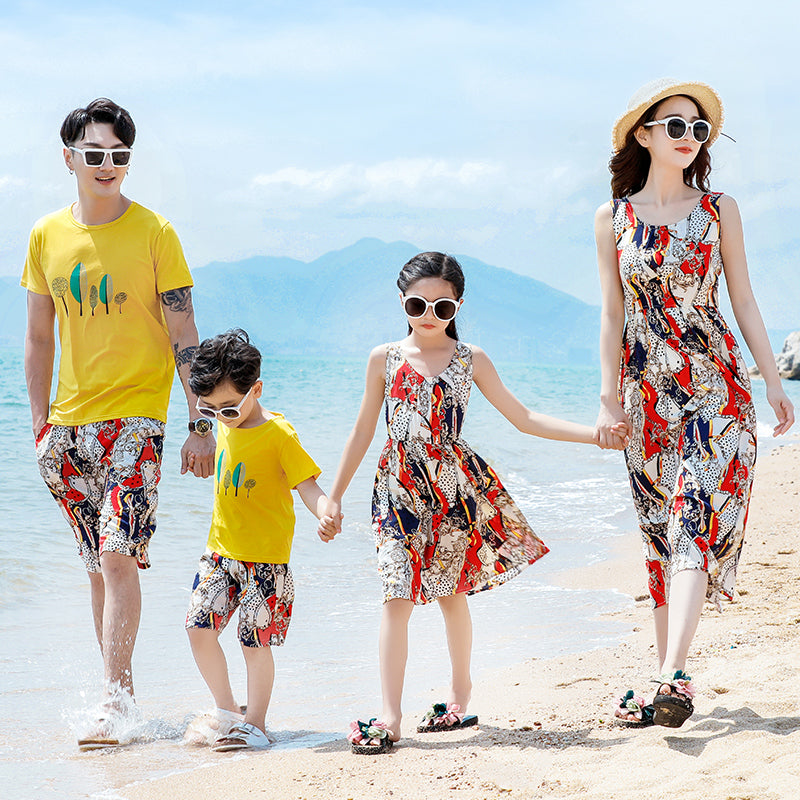 Bohemian Print Dress for Mum and Daughter Summer Family Matching Outfit Dad Son Top and Shorts Suit Lover Couple Clothes New