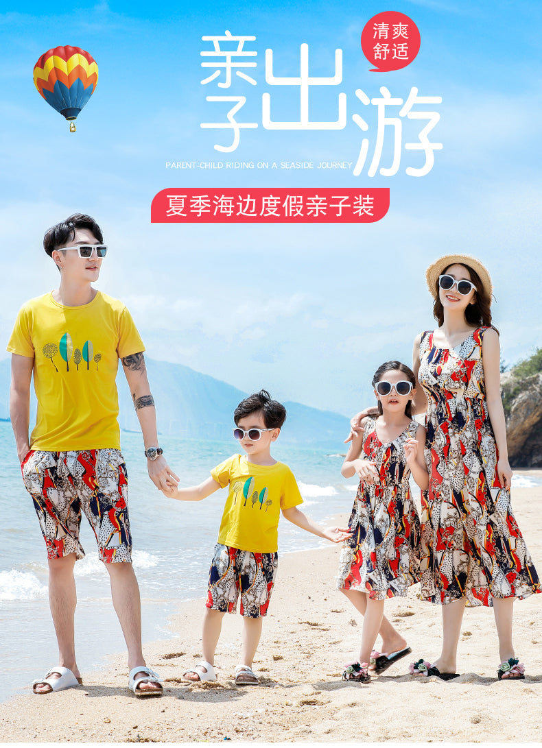 Bohemian Print Dress for Mum and Daughter Summer Family Matching Outfit Dad Son Top and Shorts Suit Lover Couple Clothes New