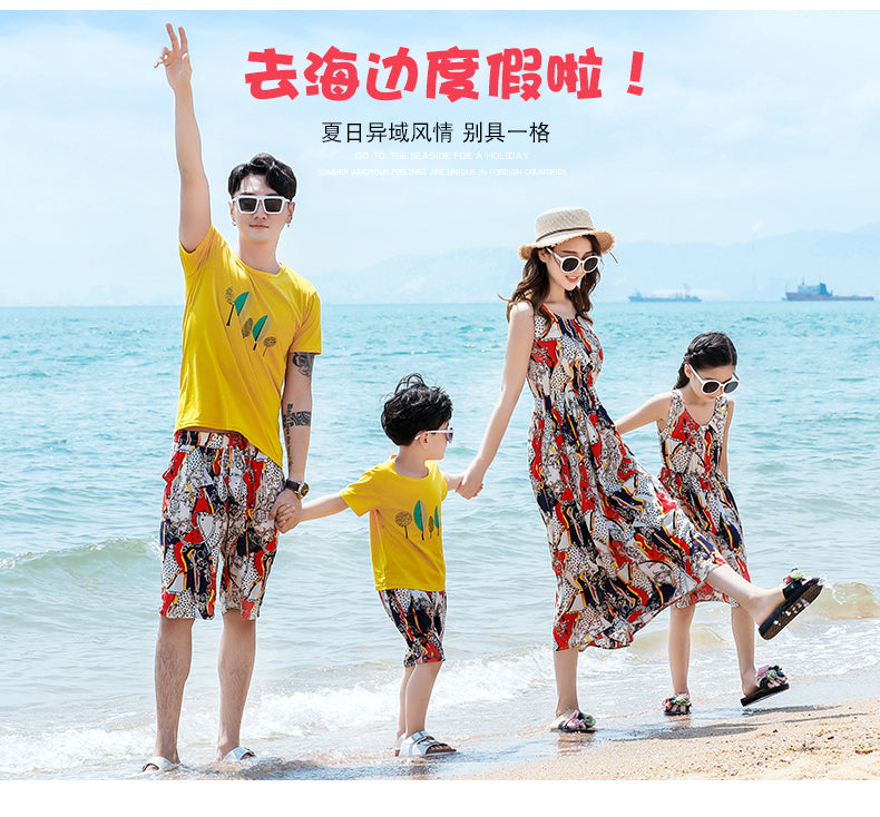 Bohemian Print Dress for Mum and Daughter Summer Family Matching Outfit Dad Son Top and Shorts Suit Lover Couple Clothes New