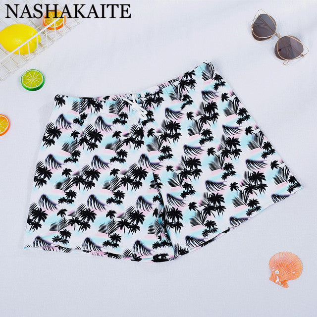 NASHAKAITE Couple Swimsuit Leaf Coconut tree Women's Swimsuits Men Drawstring Beach Swimming Shorts Matching couple outfits