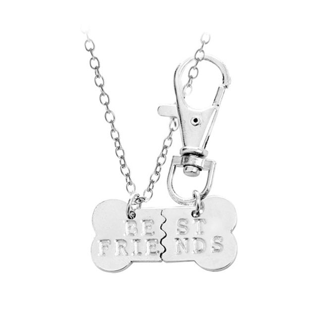 2Pcs/Set Women BEST FRIENDS Dog Bone Shaped Matching Pendant Necklace Keychain