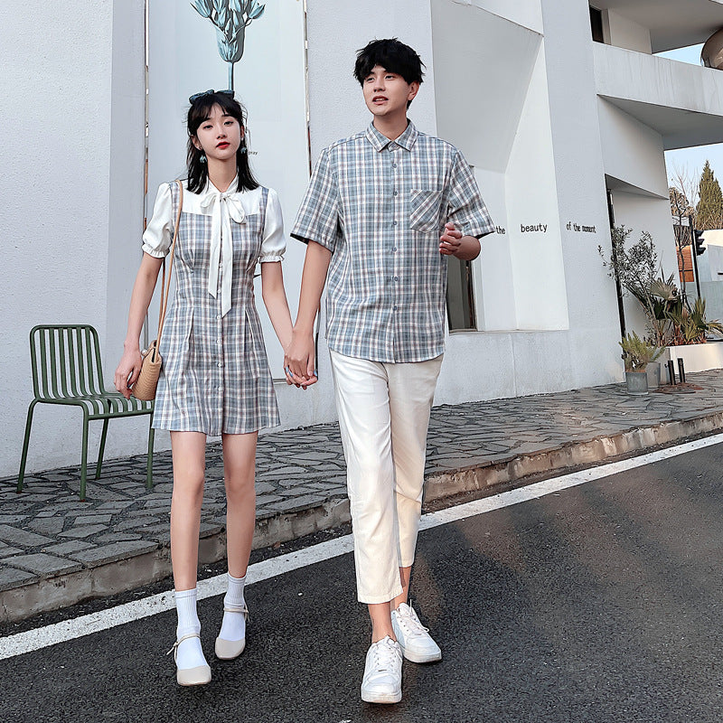 Couple Matching Clothes College School Korean Fashion Style Lovers Check Plaid Bow Slim Dress Shirts Men Women Outfit Wear Set