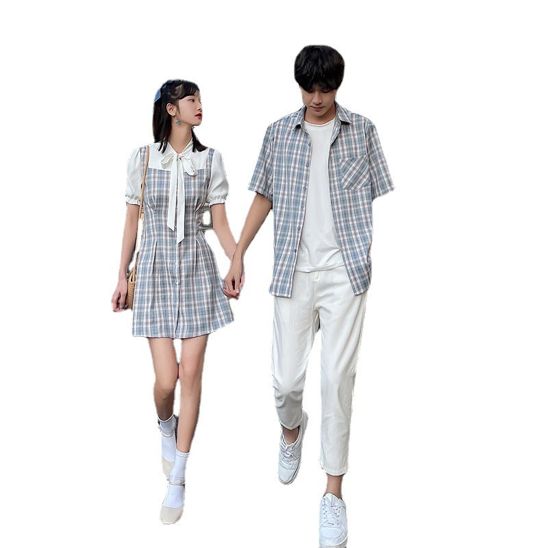 Couple Matching Clothes College School Korean Fashion Style Lovers Check Plaid Bow Slim Dress Shirts Men Women Outfit Wear Set