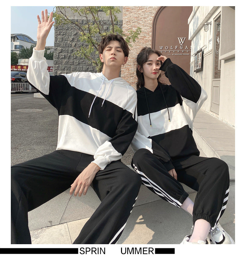 Couple Matching Hoodies Sweatshirt Sport Clothes Black White College School Korean Fashion Style Young Lovers Women Outfit Wear