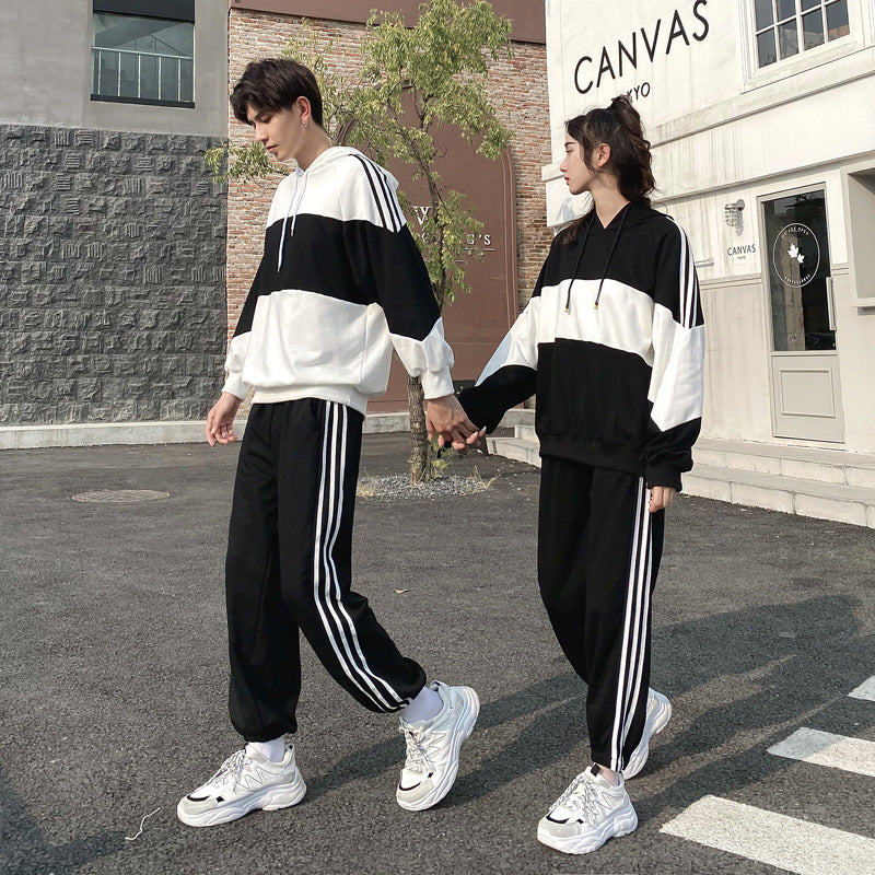 Couple Matching Hoodies Sweatshirt Sport Clothes Black White College School Korean Fashion Style Young Lovers Women Outfit Wear