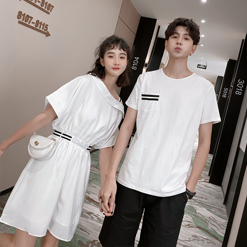 Couple Matching Clothes College School Pair Lovers White Off Shoulder Dress Women Men New Summer Vacation Outfit Wear Set