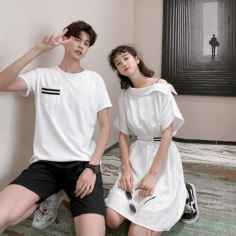 Couple Matching Clothes College School Pair Lovers White Off Shoulder Dress Women Men New Summer Vacation Outfit Wear Set