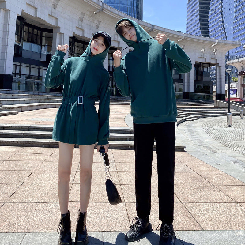 Couple Matching Clothes College High School Fashion Pair Lovers Women Green Waist Hoodie Dress Sweatshirt Outfit Wear Set