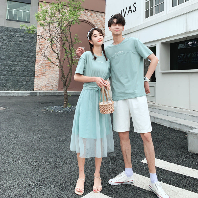 Couple Matching Clothes College School Korean Fashion Style Slim T-shirts Men Women Summer Lovers Mesh Dress Outfit Wear Set