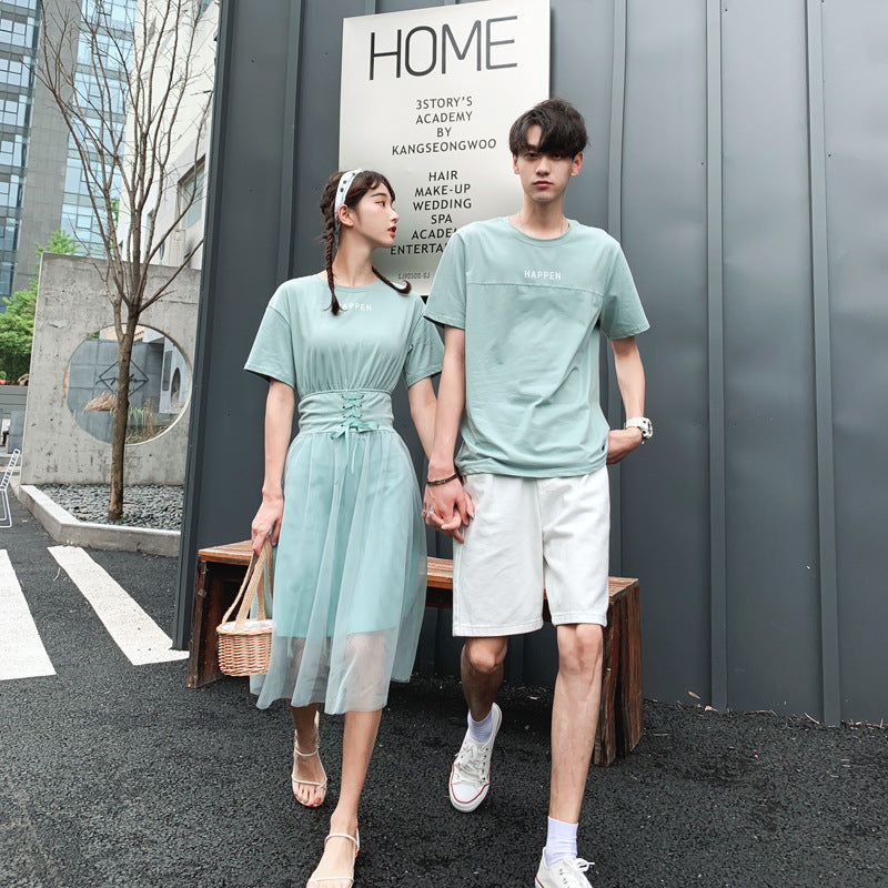 Couple Matching Clothes College School Korean Fashion Style Slim T-shirts Men Women Summer Lovers Mesh Dress Outfit Wear Set