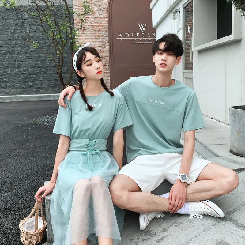 Couple Matching Clothes College School Korean Fashion Style Slim T-shirts Men Women Summer Lovers Mesh Dress Outfit Wear Set