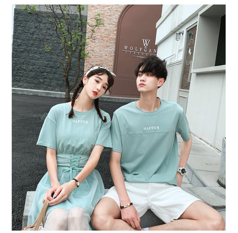 Couple Matching Clothes College School Korean Fashion Style Slim T-shirts Men Women Summer Lovers Mesh Dress Outfit Wear Set