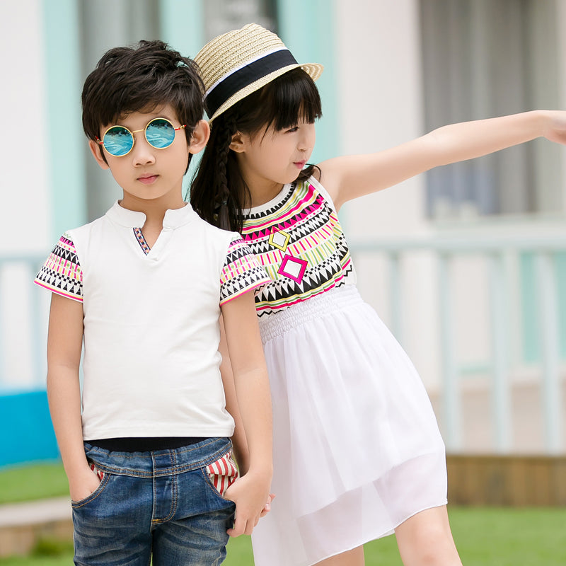 Family Clothing Summer mother and daughter chiffon dress boys/father collar t-shirt totem white family matching outfits