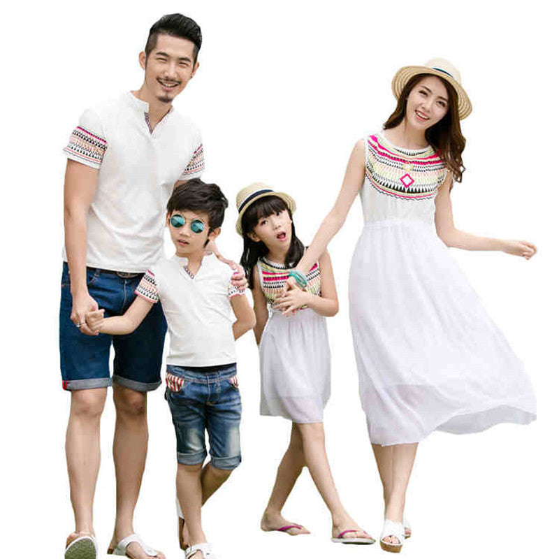 Family Clothing Summer mother and daughter chiffon dress boys/father collar t-shirt totem white family matching outfits