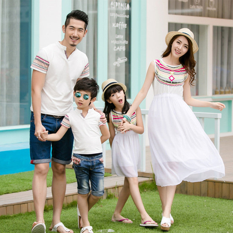Family Clothing Summer mother and daughter chiffon dress boys/father collar t-shirt totem white family matching outfits