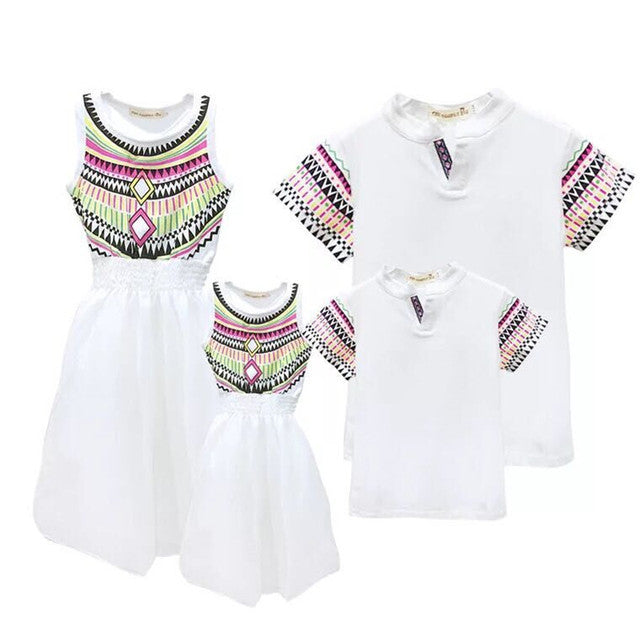 Family Clothing Summer mother and daughter chiffon dress boys/father collar t-shirt totem white family matching outfits