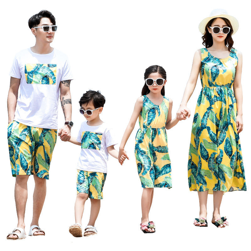 Summer Family Matching Outfits Mom Girls Long Leaves Dresses Dad Son Boys T-Shirt+Shorts 2PCS Sets Vacation Couple Beach Clothes