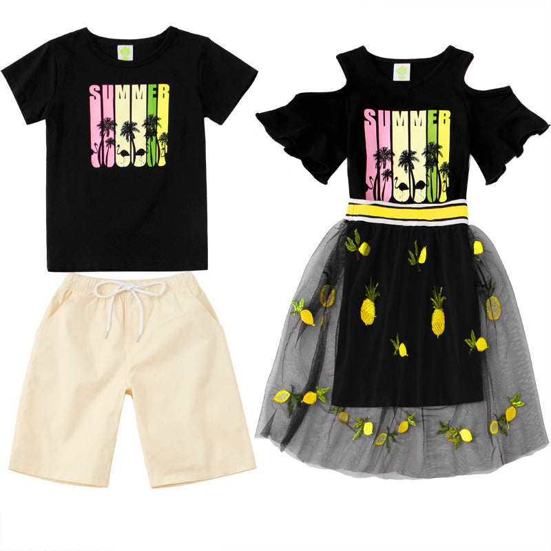 Family Matching Clothes Father Mother Daughter Son Mommy And Me Black Lace Summer Dress T-Shirts Couple Look Wear Outfit Set