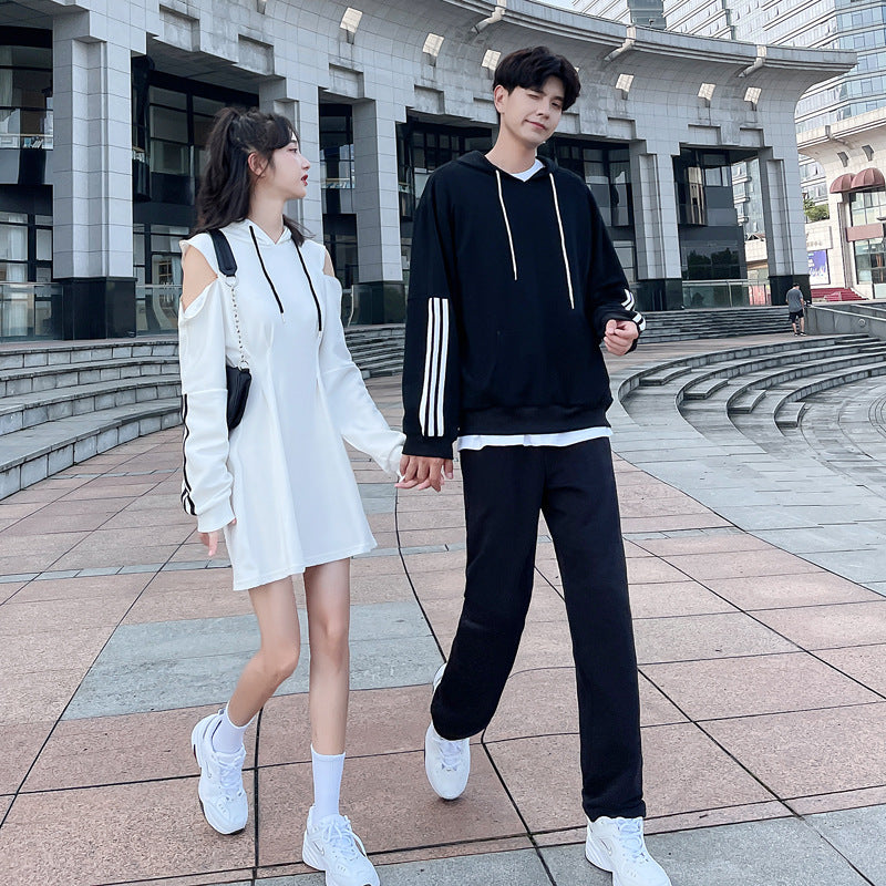 Couple Matching Black White Hoodies Waist Dress Sweatshirt Clothes College School Fashion Young Lovers Women Outfit Wear