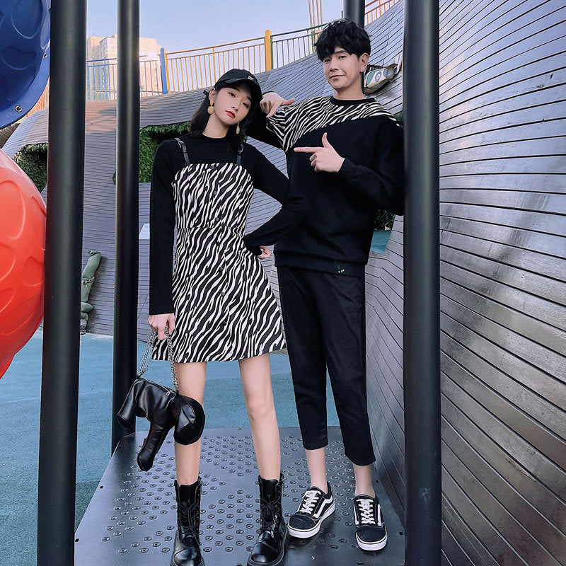 Couple Matching Black Check Hoodies Waist Dress Sweatshirt Clothes Fashion Young Lovers Women Outfit Wear