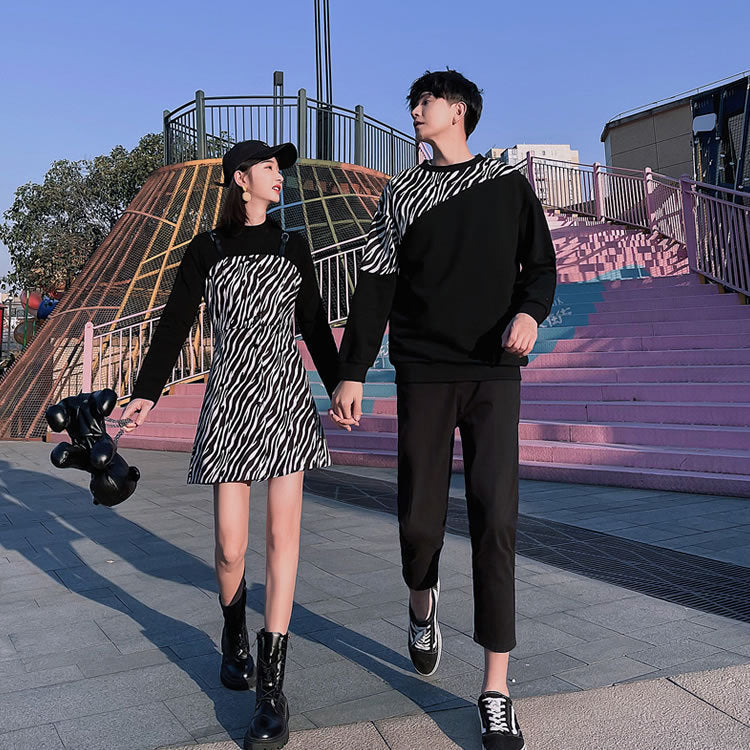 Couple Matching Black Check Hoodies Waist Dress Sweatshirt Clothes Fashion Young Lovers Women Outfit Wear