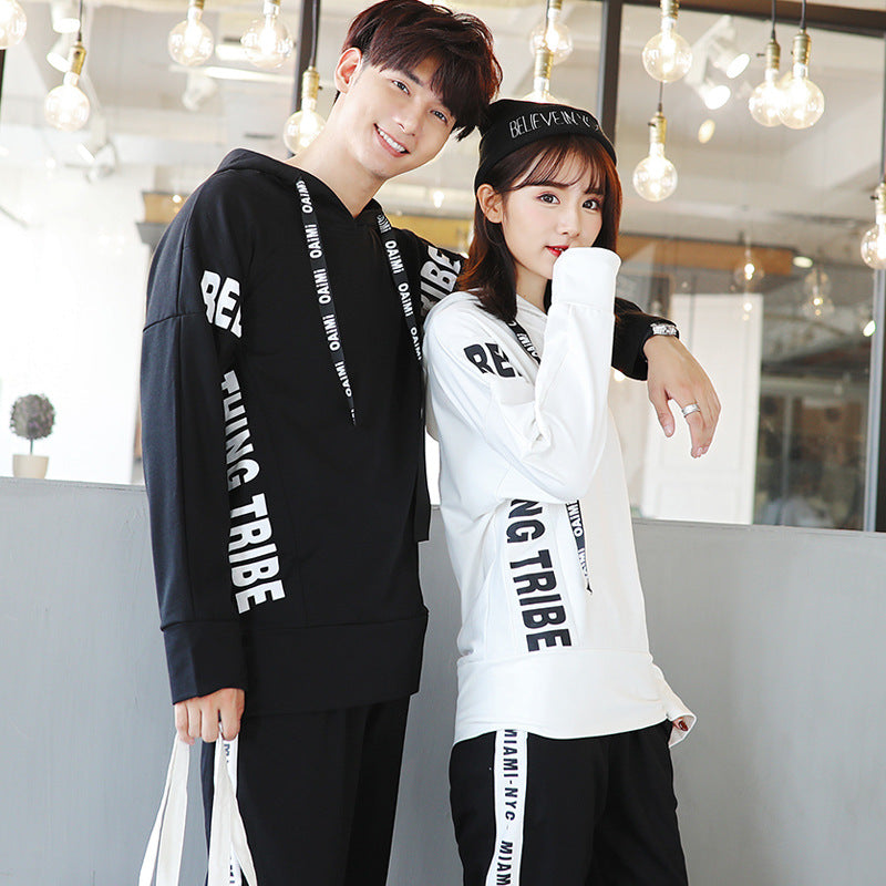Couple Matching Hoodies Sweatshirt Casual Clothes Fashion Black White Lovers Pair Women Outfit Wear Set