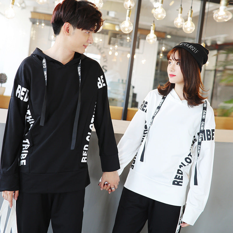 Couple Matching Hoodies Sweatshirt Casual Clothes Fashion Black White Lovers Pair Women Outfit Wear Set