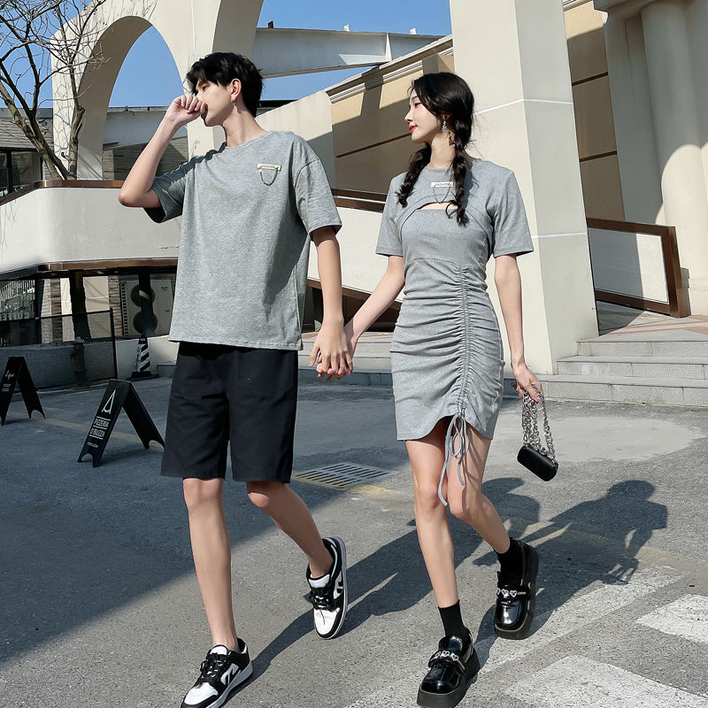 Couple Matching Clothes College School Sexy Tight Gray Dress T-Shirt Sheath Korean Fashion Style Summer Vacation Outfit Wear Set