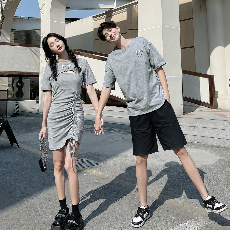 Couple Matching Clothes College School Sexy Tight Gray Dress T-Shirt Sheath Korean Fashion Style Summer Vacation Outfit Wear Set
