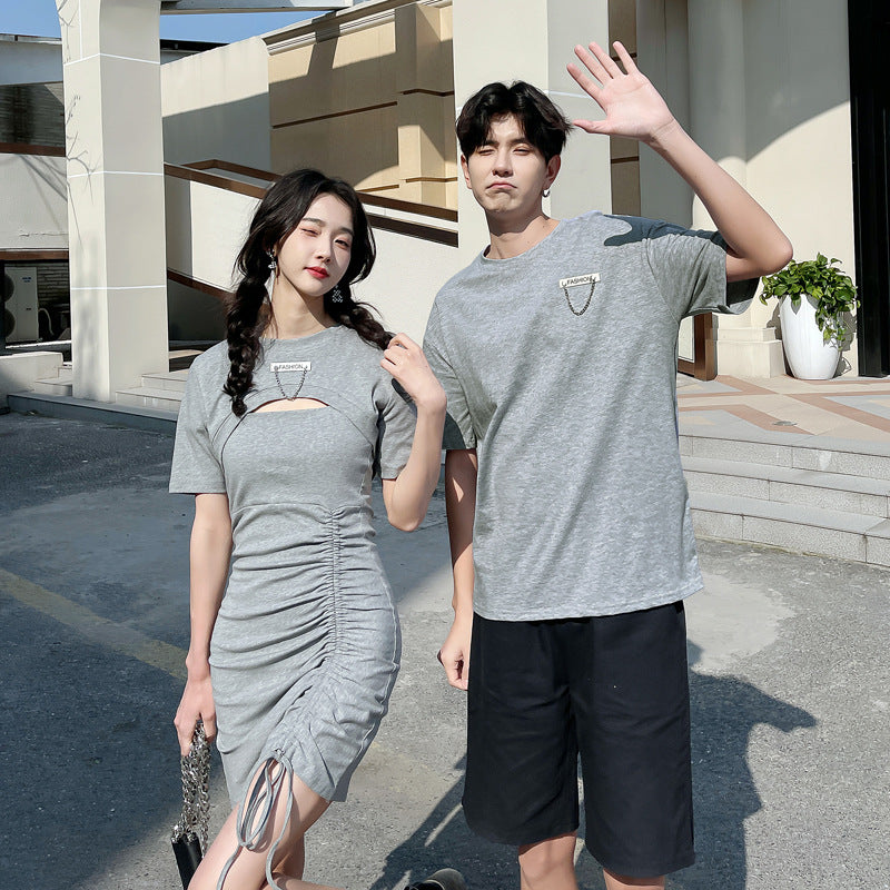 Couple Matching Clothes College School Sexy Tight Gray Dress T-Shirt Sheath Korean Fashion Style Summer Vacation Outfit Wear Set