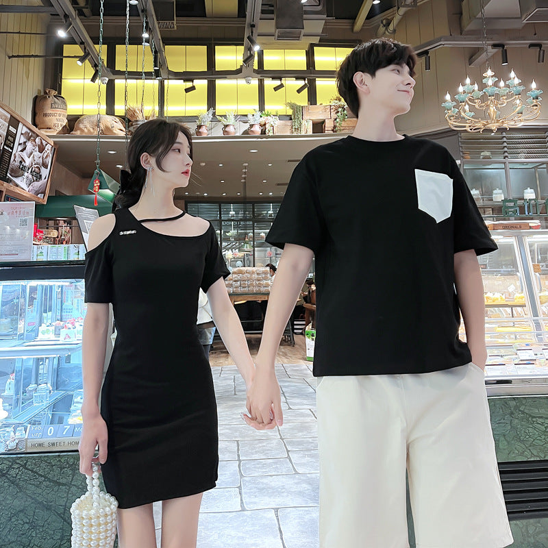 Couple Matching Clothes Sexy Mini / Little Black Dress T-Shirt Waist Summer Fashion Vacation Women Outfit Wear Set LBD