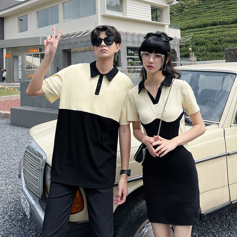 Couple Matching Clothes College School Biege Black Polo Dress T-Shirt Family Wear Couple Matching Clothes College School Biege Black Polo Dress T-Shirt Family Wear