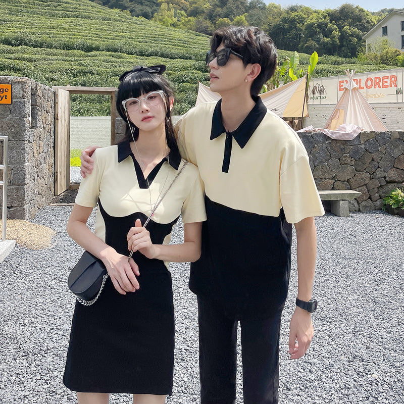 Couple Matching Clothes College School Biege Black Polo Dress T-Shirt Korean Fashion Women Summer Vacation Outfit Wear Set