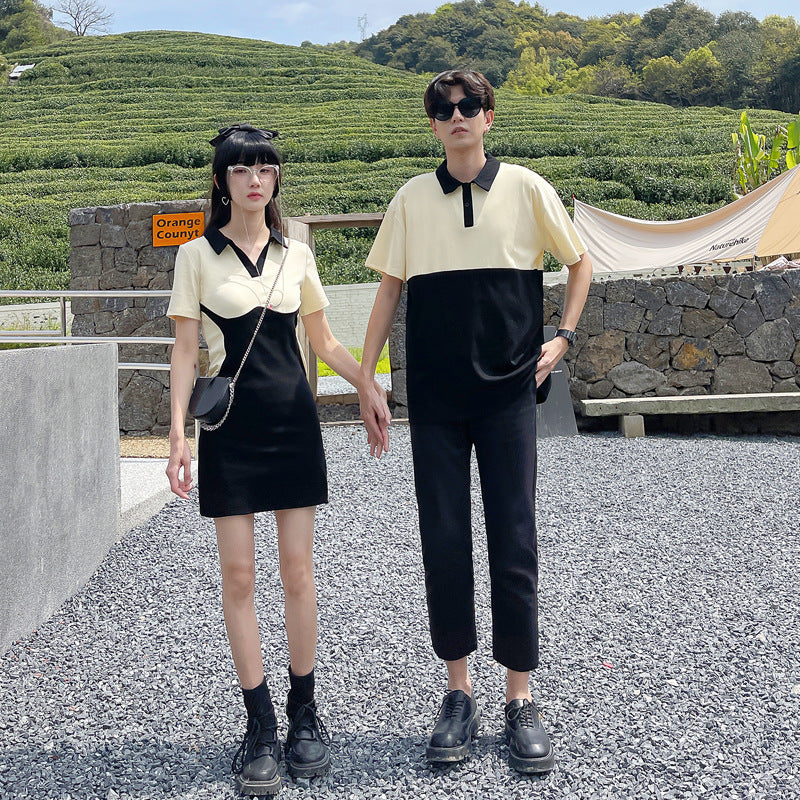 Couple Matching Clothes College School Biege Black Polo Dress T-Shirt Korean Fashion Women Summer Vacation Outfit Wear Set