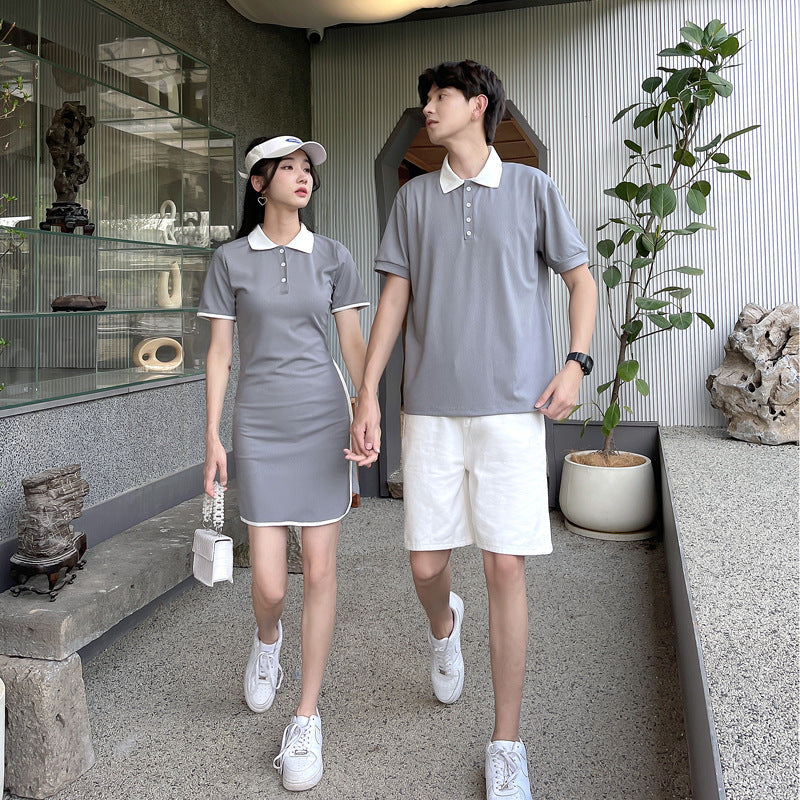 Couple Matching Clothes College School Sexy Tight Polo Dress Gray T-Shirt Sheath Korean Fashion Summer Vacation Outfit Wear Set